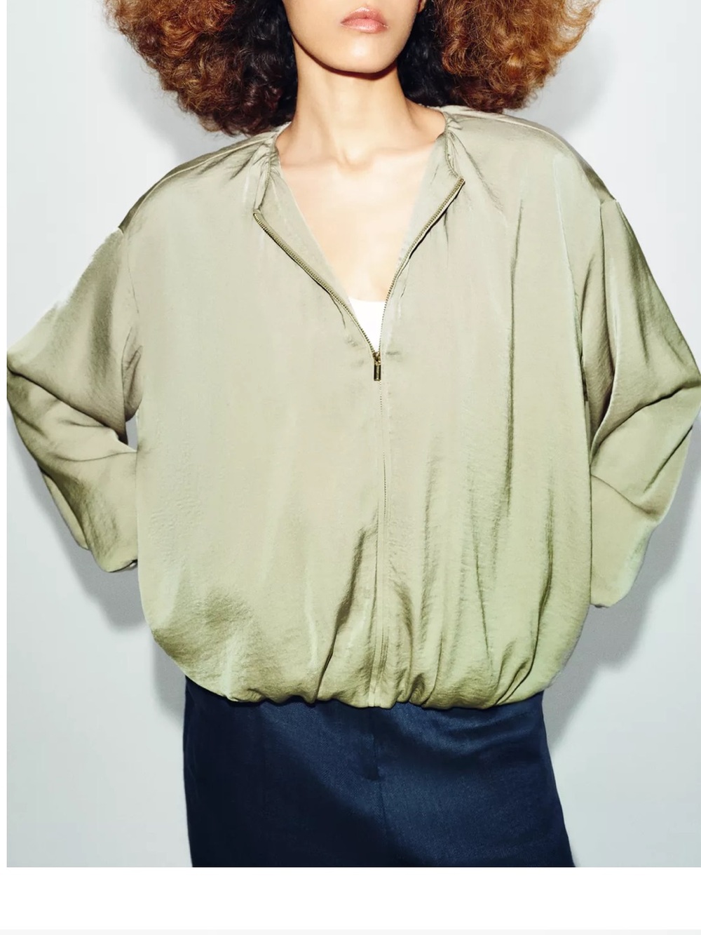 Zara NWT Light Sage green balloon sleeve fluid Bomber jacket - Picture 2 of 13